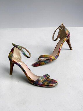 STUART WEITZMAN Multicolor Plaid Fabric Sandals Heels Size 7.5